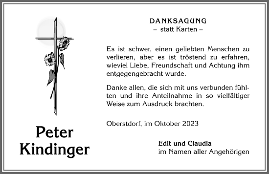Traueranzeige von Peter Kindinger von Allgäuer Anzeigeblatt