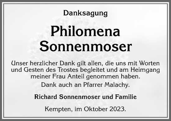 Traueranzeige von Philomena Sonnenmoser von Allgäuer Zeitung,Kempten
