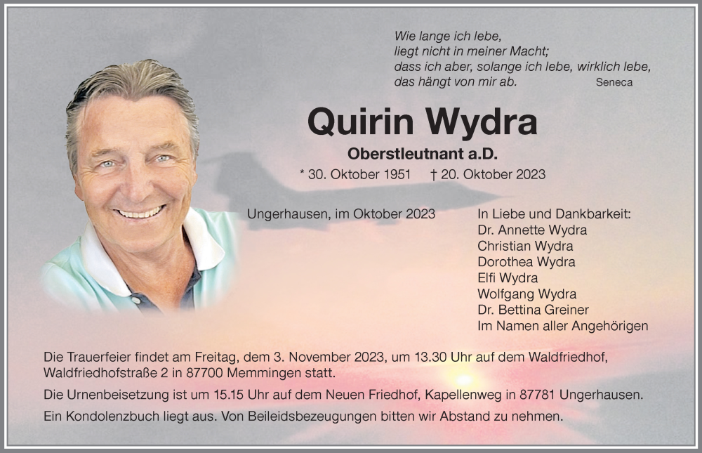  Traueranzeige für Quirin Wydra vom 26.10.2023 aus Memminger Zeitung