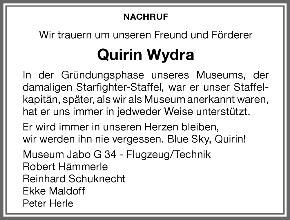  Traueranzeige für Quirin Wydra vom 30.10.2023 aus Memminger Zeitung