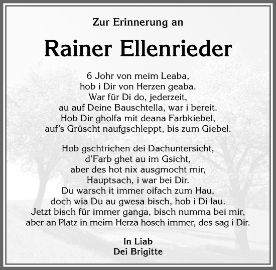 Traueranzeige von Rainer Ellenrieder von Allgäuer Zeitung, Kaufbeuren/Buchloe