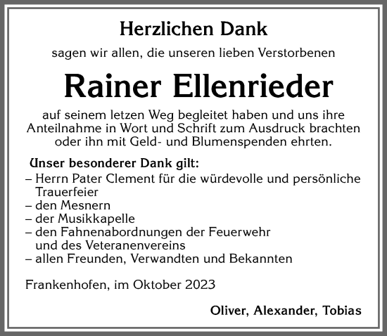 Traueranzeige von Rainer Ellenrieder von Allgäuer Zeitung, Kaufbeuren/Buchloe