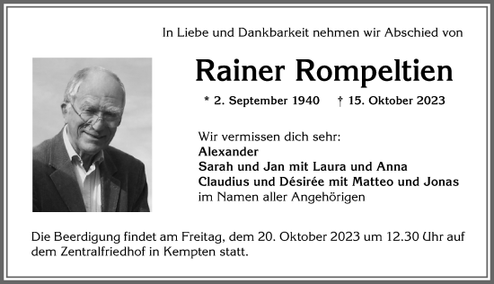 Traueranzeige von Rainer Rompeltien von Allgäuer Zeitung,Kempten