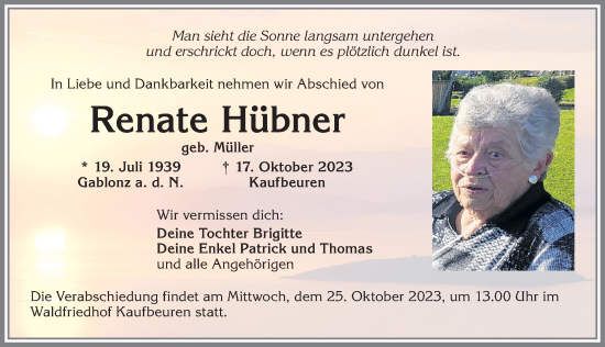 Traueranzeige von Renate Hübner von Allgäuer Zeitung, Kaufbeuren/Buchloe