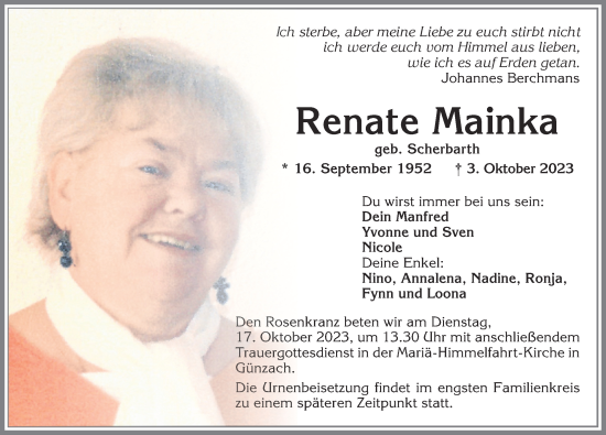 Traueranzeige von Renate Mainka von Allgäuer Zeitung, Marktoberdorf