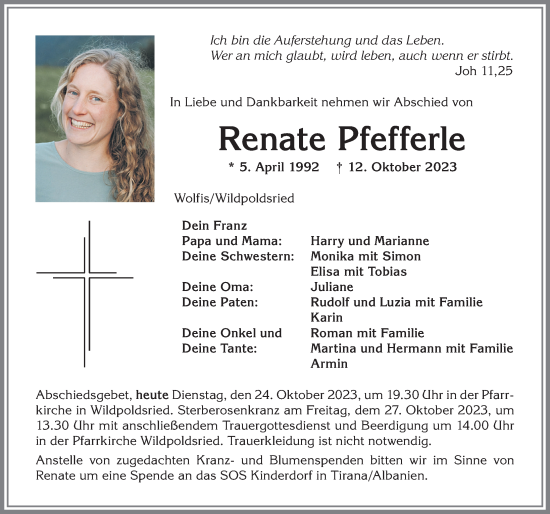 Traueranzeige von Renate Pfefferle von Allgäuer Anzeigeblatt