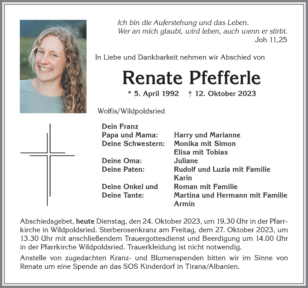  Traueranzeige für Renate Pfefferle vom 24.10.2023 aus Allgäuer Anzeigeblatt