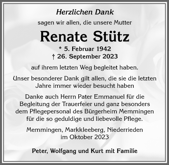 Traueranzeige von Renate Stütz von Memminger Zeitung