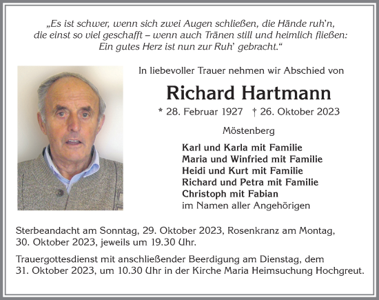 Traueranzeige von Richard Hartmann von Allgäuer Zeitung,Kempten