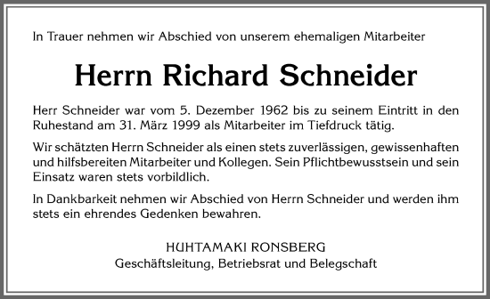 Traueranzeige von Richard Schneider von Memminger Zeitung