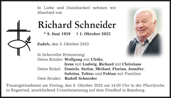 Traueranzeige von Richard Schneider von Memminger Zeitung