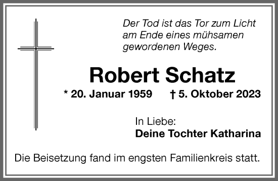 Traueranzeige von Robert Schatz von Memminger Zeitung