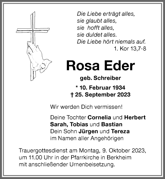 Traueranzeige von Rosa Eder von Memminger Zeitung