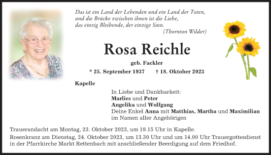 Traueranzeige von Rosa Reichle von Memminger Zeitung