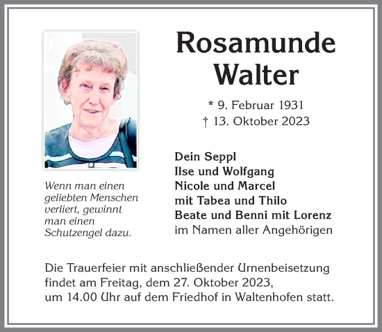 Traueranzeige von Rosamunde Walter von Allgäuer Zeitung,Kempten