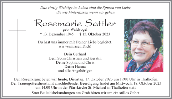 Traueranzeige von Rosemarie Sattler von Allgäuer Zeitung, Marktoberdorf