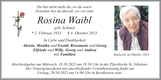 Traueranzeige von Rosina Waibl von Allgäuer Zeitung, Marktoberdorf