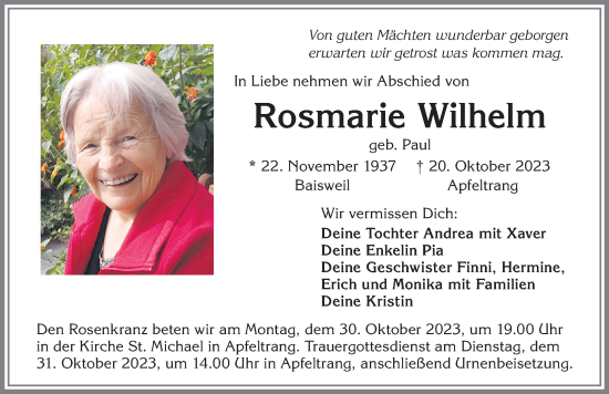 Traueranzeige von Rosmarie Wilhelm von Allgäuer Zeitung, Marktoberdorf