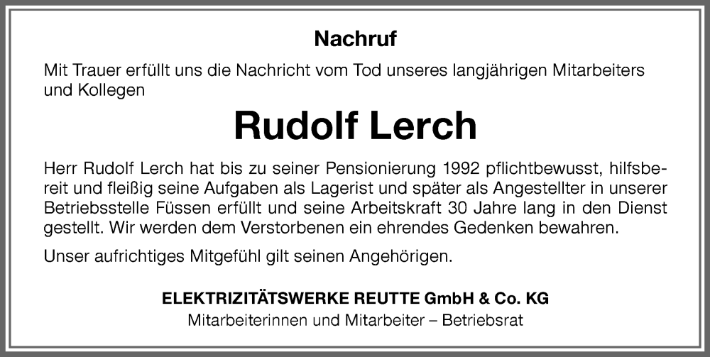  Traueranzeige für Rudolf Lerch vom 24.10.2023 aus Allgäuer Zeitung, Füssen