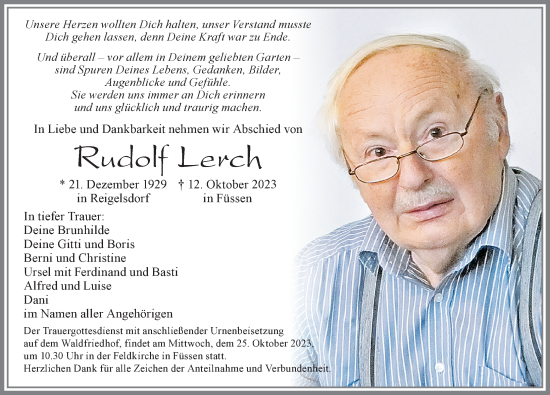 Traueranzeige von Rudolf Lerch von Allgäuer Zeitung, Füssen