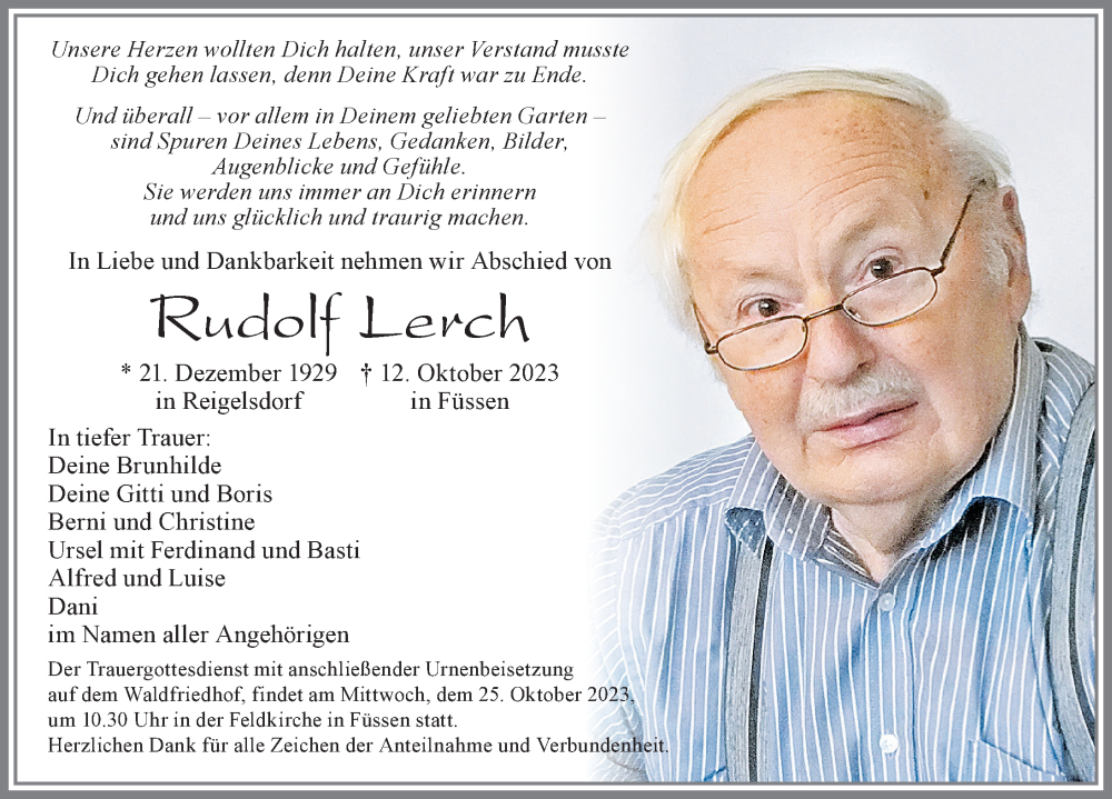  Traueranzeige für Rudolf Lerch vom 21.10.2023 aus Allgäuer Zeitung, Füssen