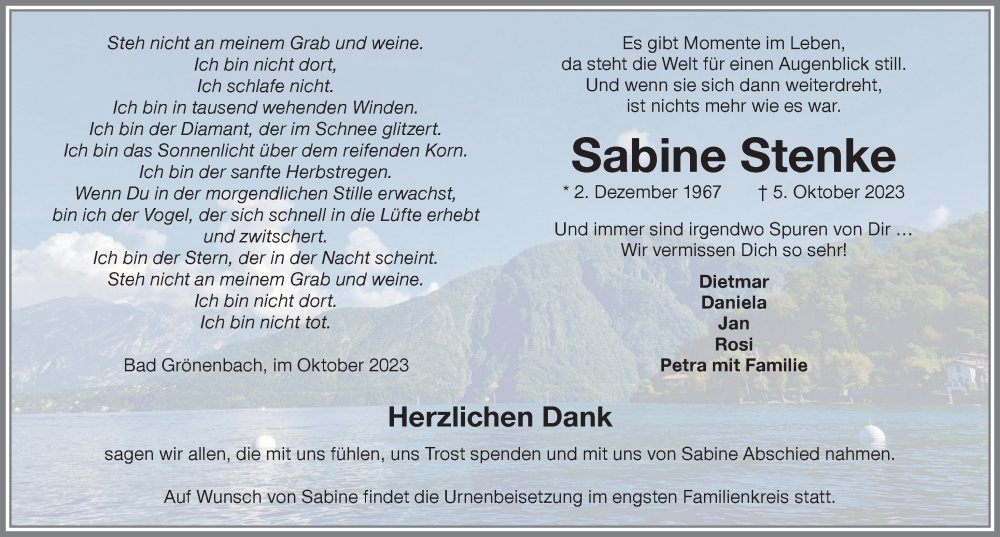  Traueranzeige für Sabine Stenke vom 19.10.2023 aus Memminger Zeitung