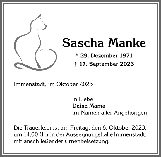Traueranzeige von Sascha Manke von Allgäuer Anzeigeblatt