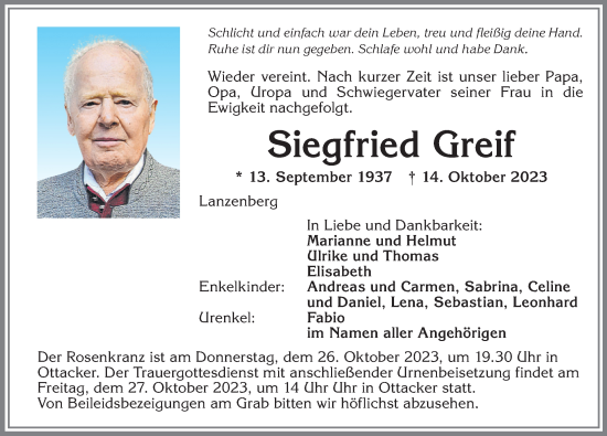 Traueranzeige von Siegfried Greif von Allgäuer Zeitung,Kempten
