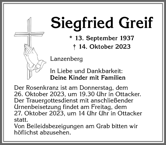 Traueranzeige von Siegfried Greif von Allgäuer Anzeigeblatt