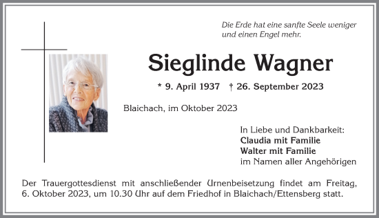 Traueranzeige von Sieglinde Wagner von Allgäuer Anzeigeblatt