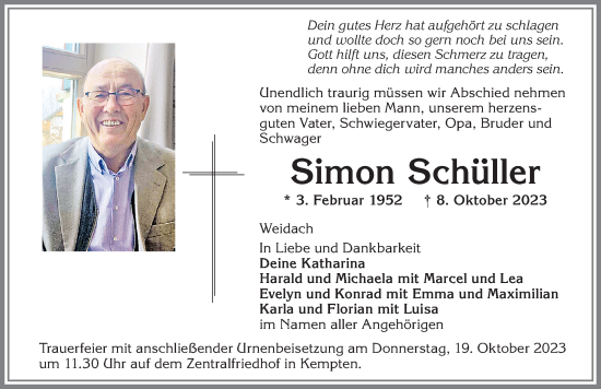 Traueranzeige von Simon Schüller von Allgäuer Zeitung,Kempten