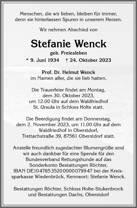 Traueranzeige von Stefanie Wenck von Allgäuer Anzeigeblatt