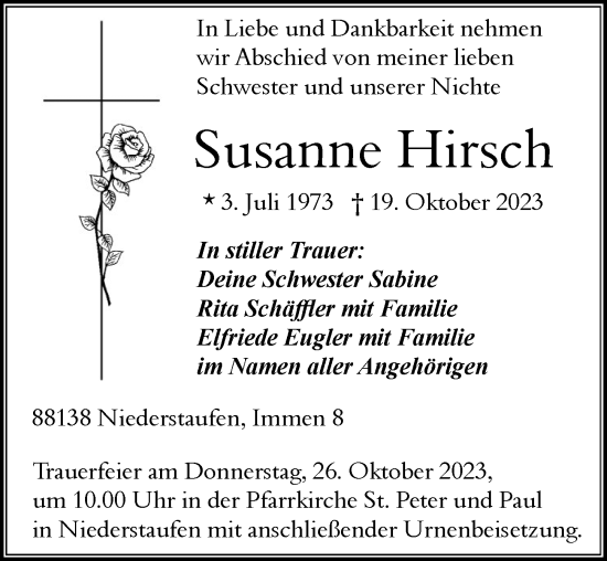 Traueranzeige von Susanne Hirsch von Der Westallgäuer