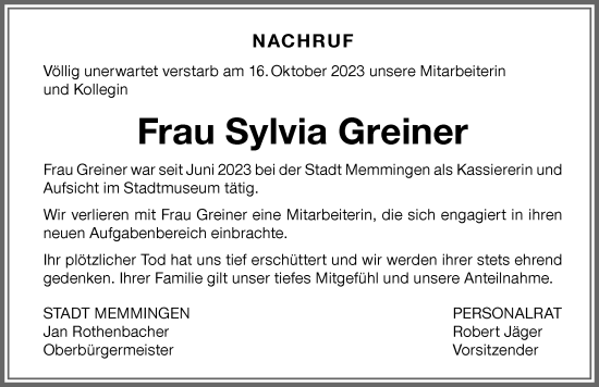 Traueranzeige von Sylvia Greiner von Memminger Zeitung