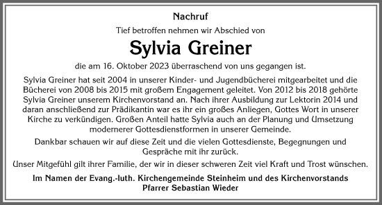 Traueranzeige von Sylvia Greiner von Memminger Zeitung