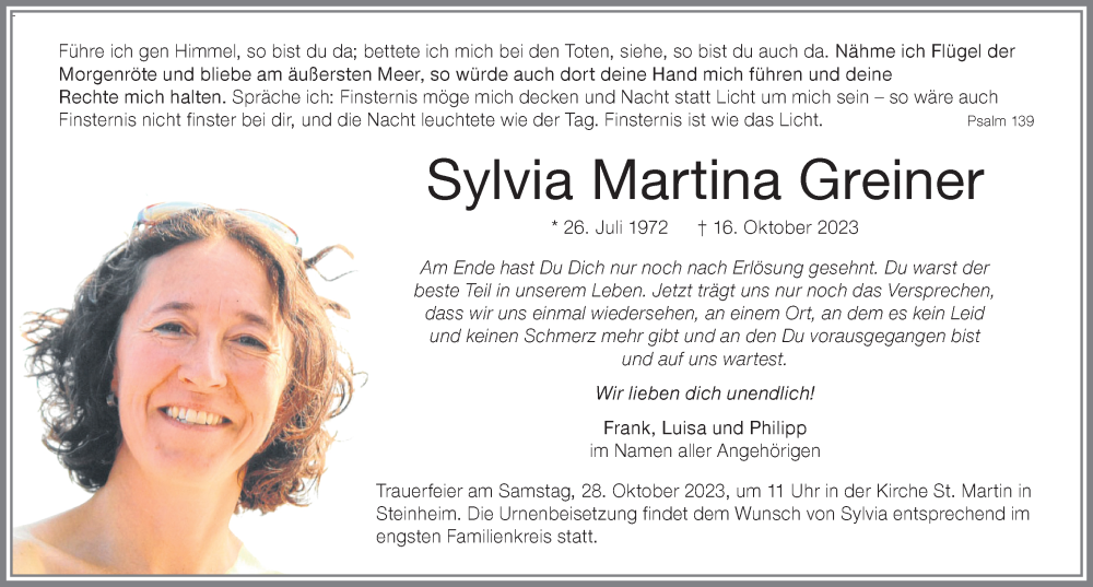  Traueranzeige für Sylvia Martina Greiner vom 25.10.2023 aus Memminger Zeitung