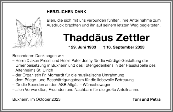 Traueranzeige von Thaddäus Zettler von Memminger Zeitung