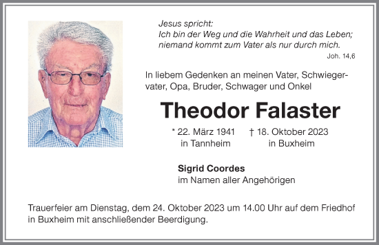 Traueranzeige von Theodor Falaster von Memminger Zeitung