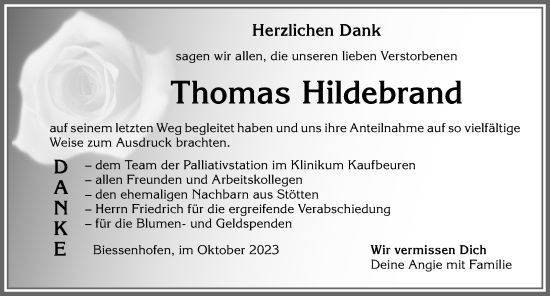Traueranzeige von Thomas Hildebrand von Allgäuer Zeitung, Marktoberdorf