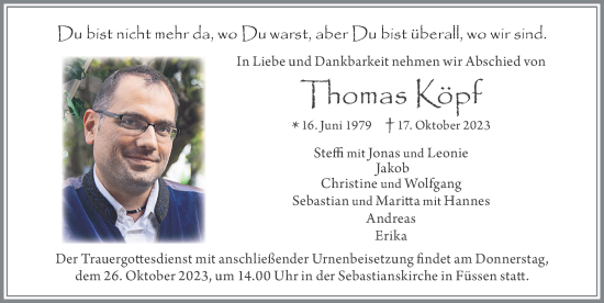 Traueranzeige von Thomas Köpf von Allgäuer Zeitung, Füssen