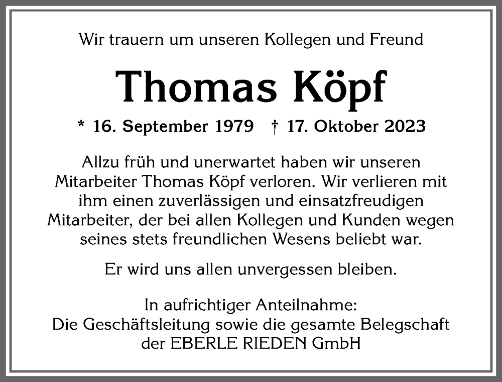  Traueranzeige für Thomas Köpf vom 25.10.2023 aus Allgäuer Zeitung, Füssen