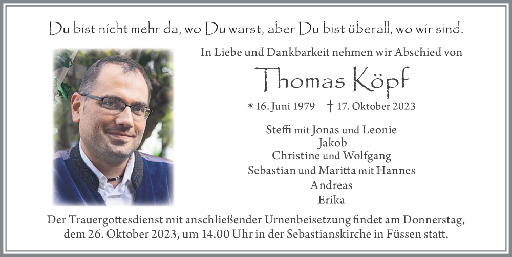  Traueranzeige für Thomas Köpf vom 24.10.2023 aus Allgäuer Zeitung, Füssen