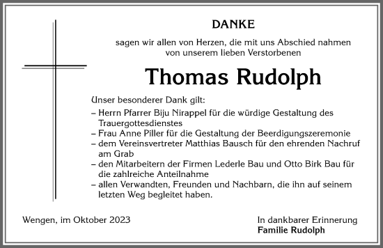 Traueranzeige von Thomas Rudolph von Allgäuer Zeitung,Kempten