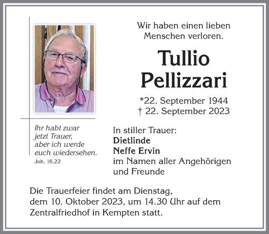 Traueranzeige von Tullio Pellizzari von Allgäuer Zeitung,Kempten