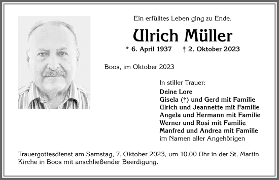 Traueranzeige von Ulrich Müller von Memminger Zeitung