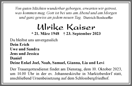 Traueranzeige von Ulrike Kaiser von Allgäuer Zeitung, Marktoberdorf