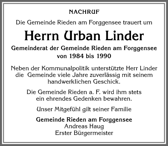 Traueranzeige von Urban Linder von Allgäuer Zeitung, Füssen