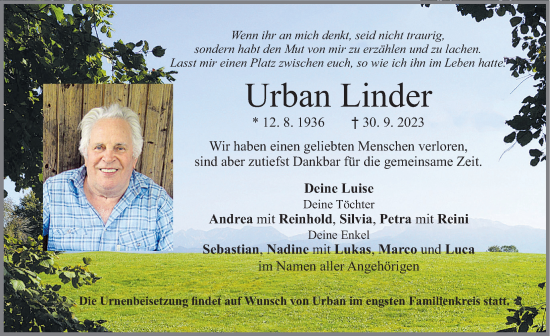Traueranzeige von Urban Linder von Allgäuer Zeitung, Füssen