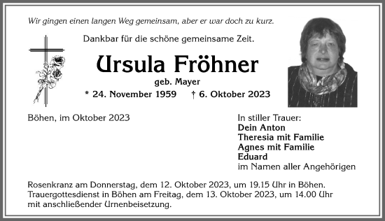 Traueranzeige von Ursula Fröhner von Memminger Zeitung