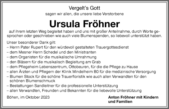 Traueranzeige von Ursula Fröhner von Memminger Zeitung